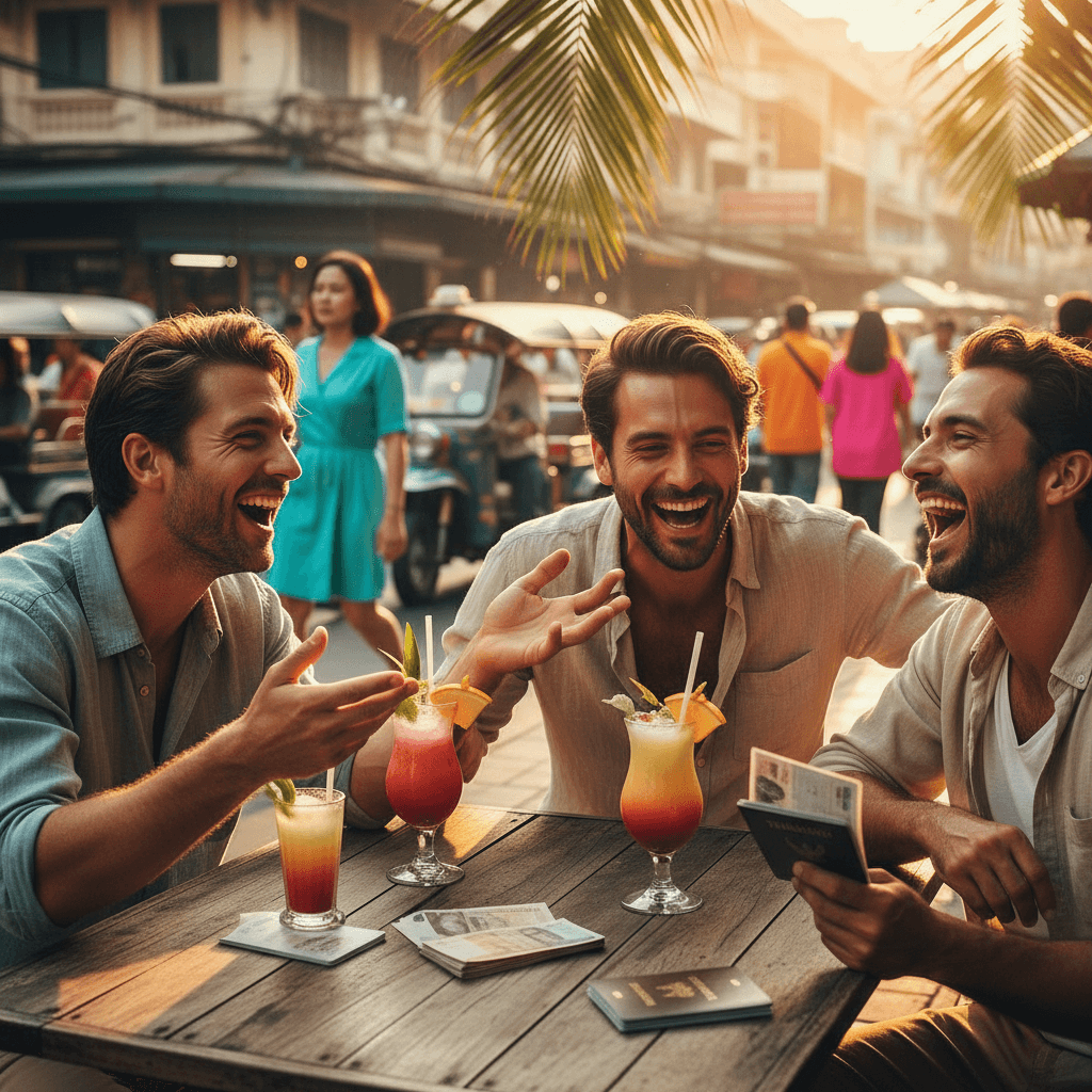 Men laughing and connecting at a Bangkok outdoor café