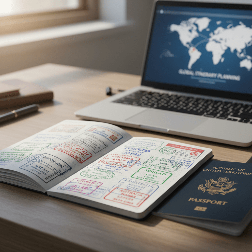 Passport with international visa stamps on planning desk