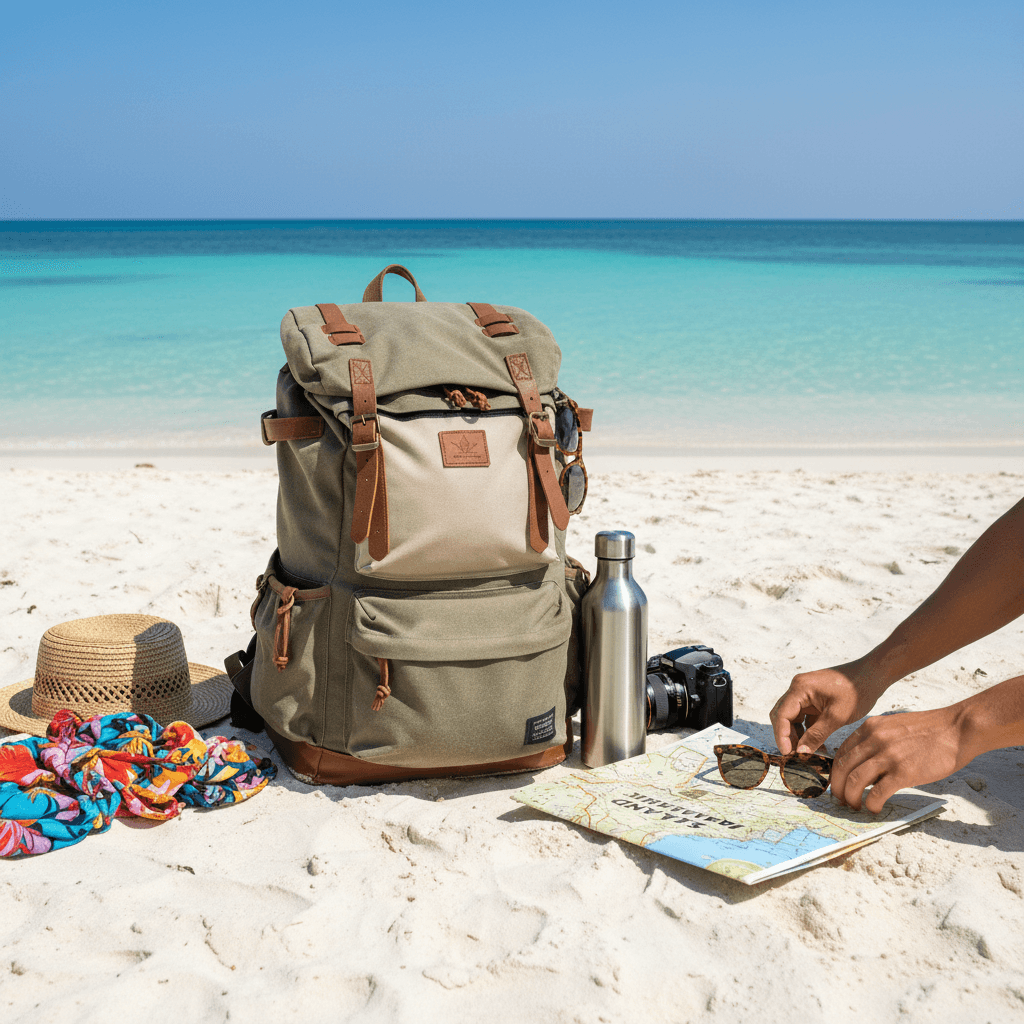 Packed travel backpack on tropical beach with travel essentials