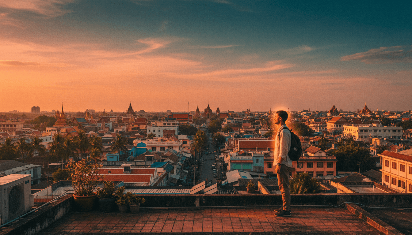 A cinematic travel adventure aesthetic wide shot of a solo traveler standing on a rooftop overlooking a vibrant Southeast Asian cityscape at golden hour.