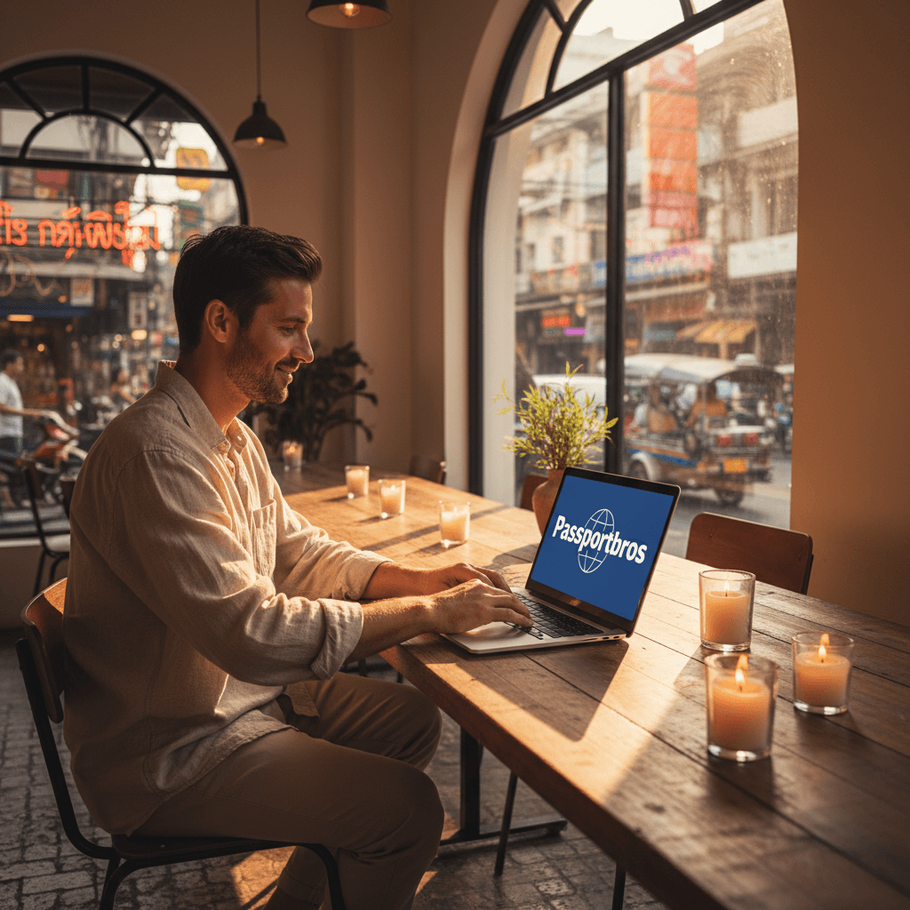 Traveler using Passportbros app at a Bangkok café