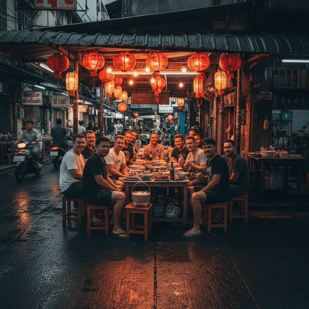 Community meetup enjoying local Bangkok cuisine