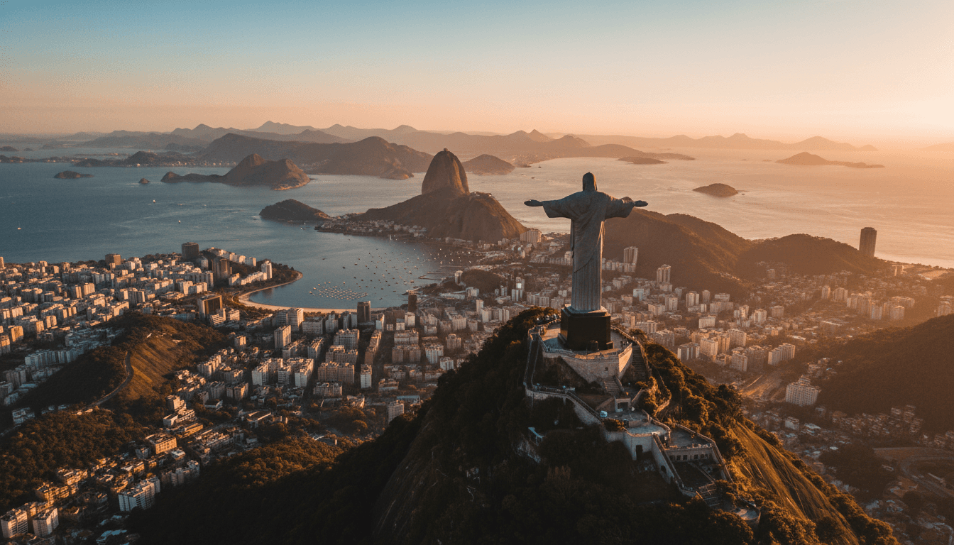 Christ the Redeemer statue overlooking Rio de Janeiro at sunset