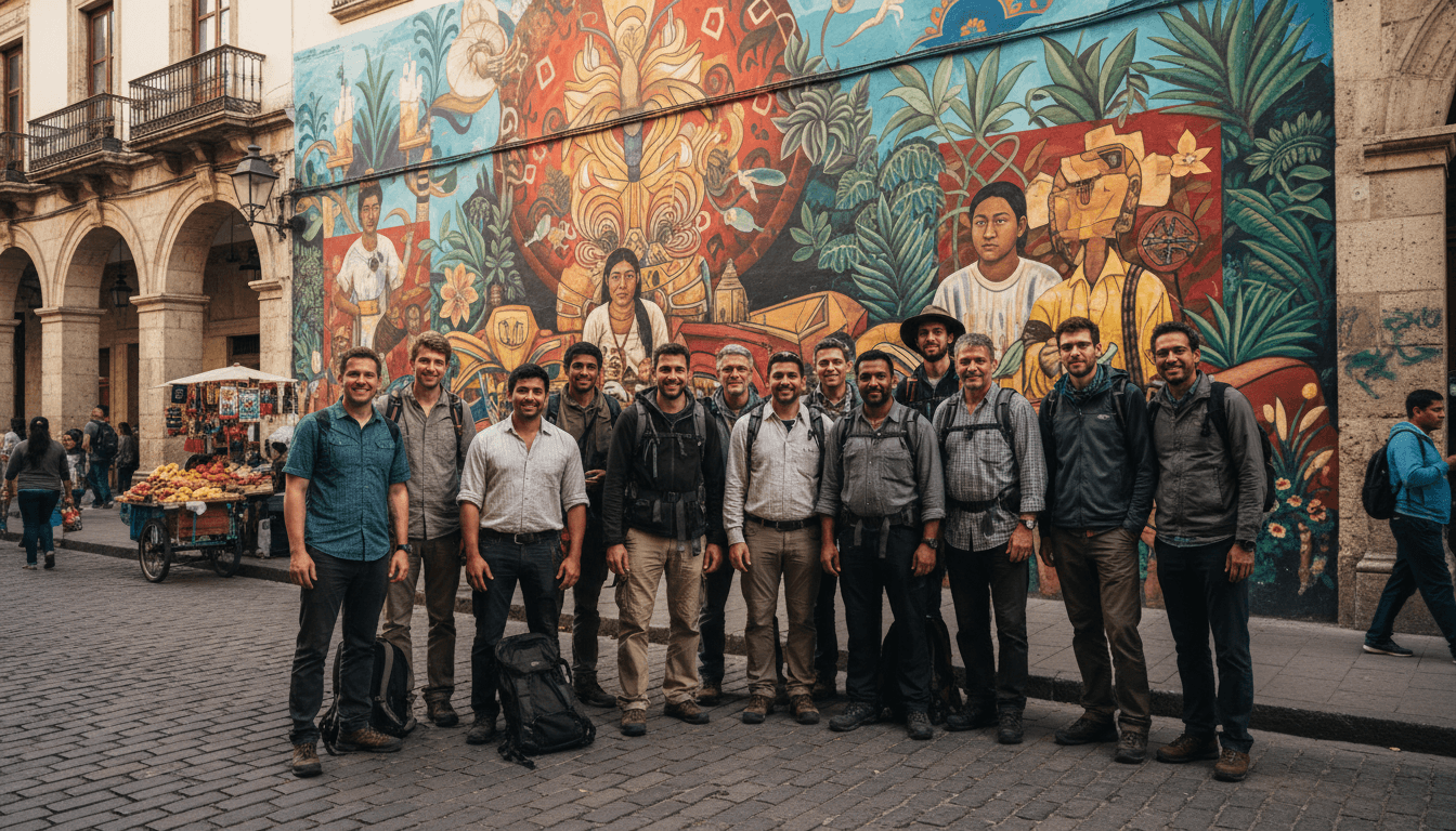 Diverse group of Passportbros members posing together on a foreign street