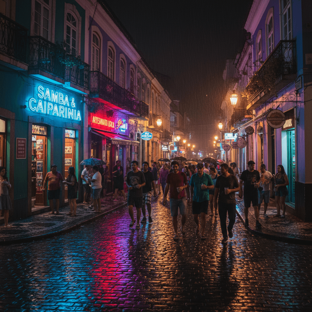 Rio de Janeiro nightlife street scene with colorful signs and local foot traffic