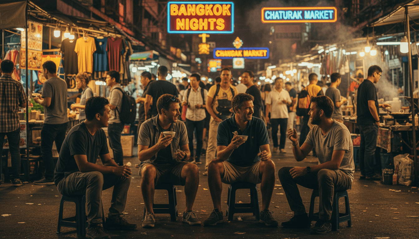 A vibrant, energetic wide shot capturing a diverse group of male travelers gathered at an outdoor street market or social meetup in a Bangkok neighborhood.
