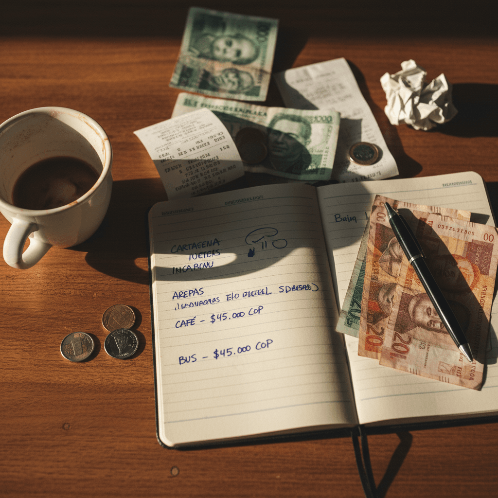 Travel notebook with expense notes and Colombian currency on café table