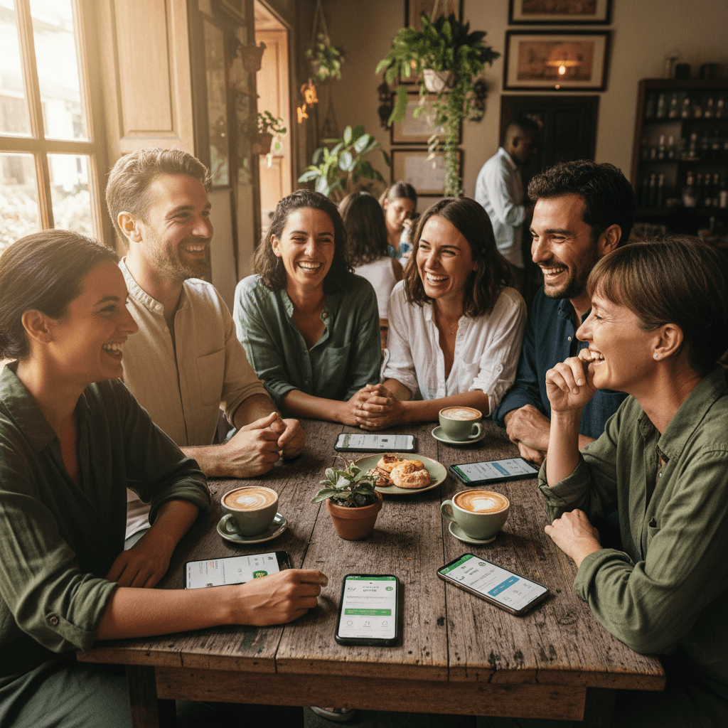 Diverse group of travelers connecting over coffee at Bangkok café