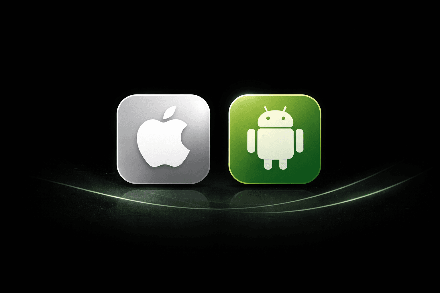 Silver Apple and green Android app icons side-by-side on a dark, glowing reflective surface.