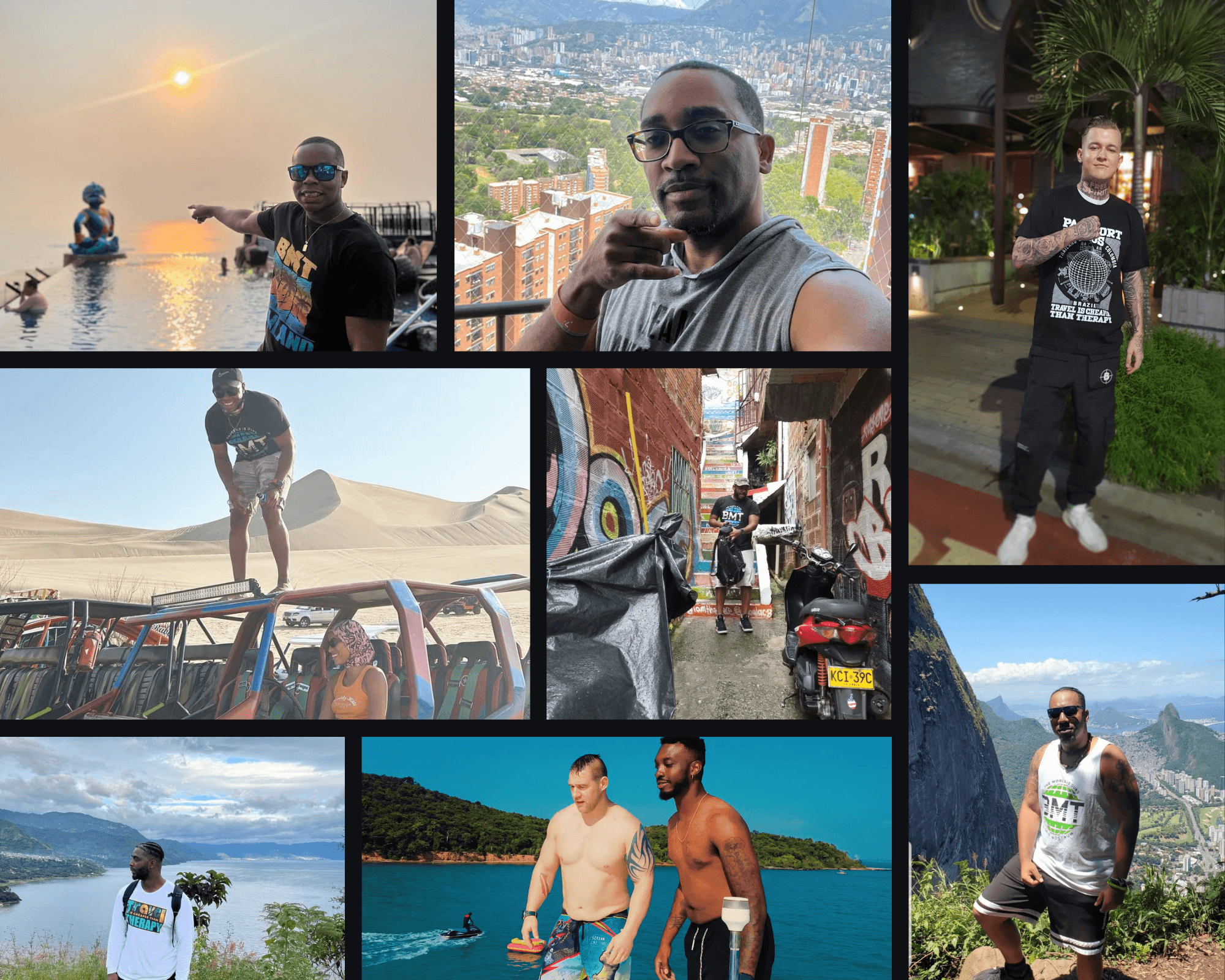 Collage of men in diverse travel settings, including deserts, mountains, cities, and coastal areas.